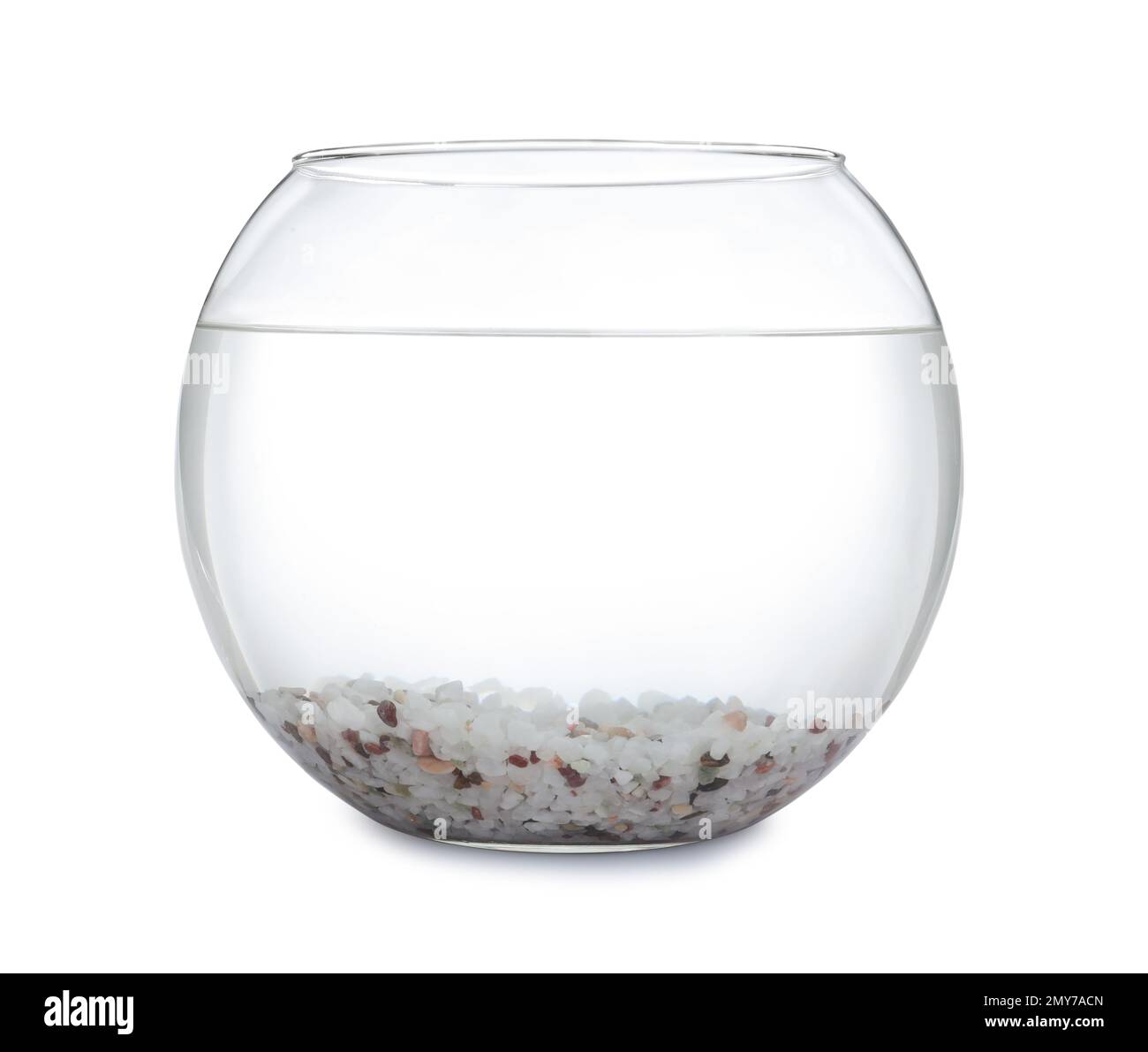 Glass fish bowl with clear water and decorative pebble isolated on white Stock Photo Alamy