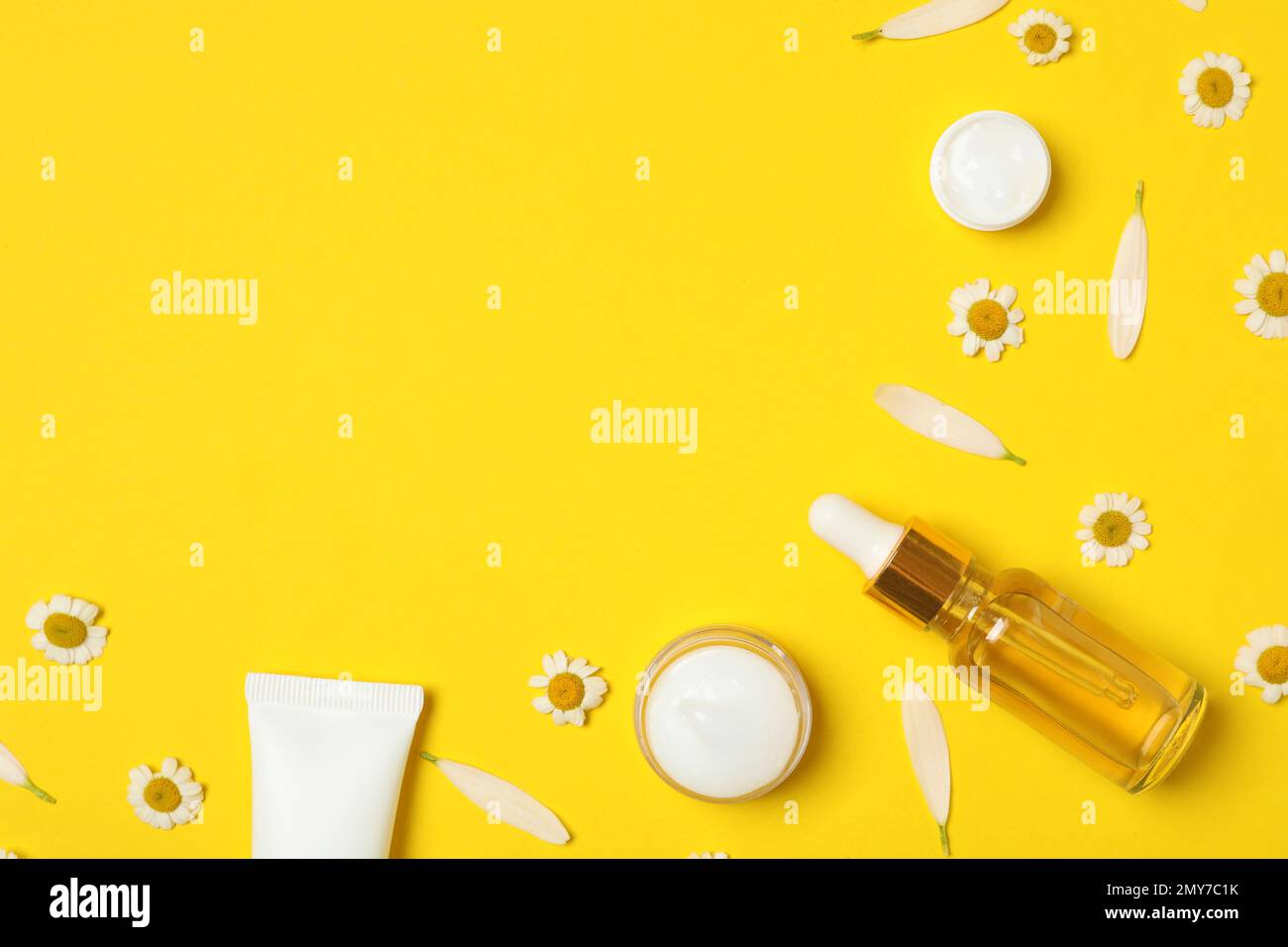 Flat lay composition with chamomiles and cosmetic products on yellow ...