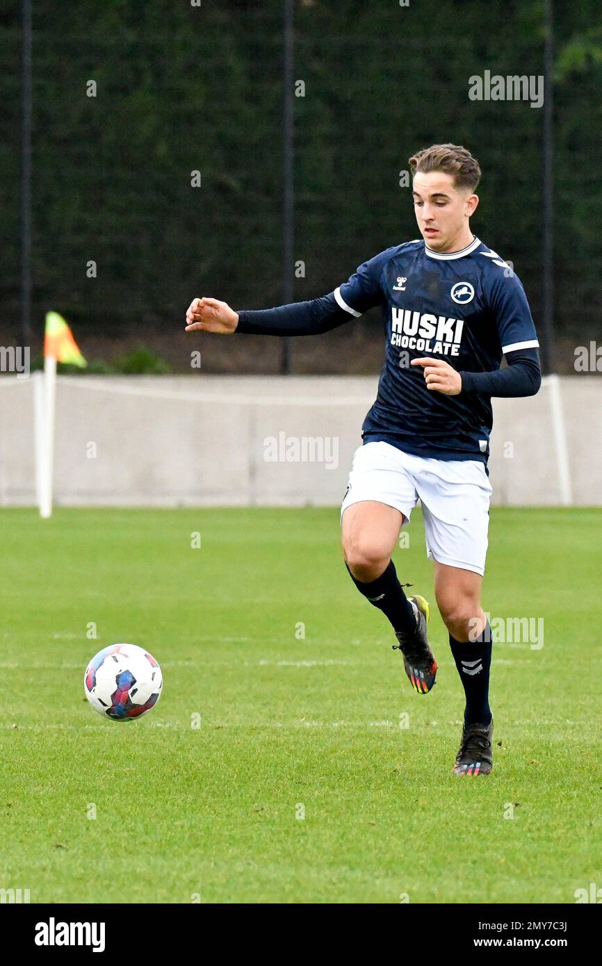 Swansea, Wales. 4 February 2023. Alfie Massey of Millwall in action during  the Professional Development League game between Swansea City Under 18 and  Millwall Under 18 at the Swansea City Academy in