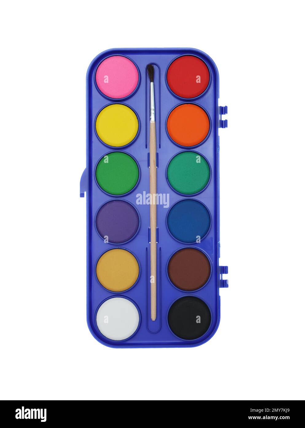 Plastic watercolor palette isolated on white, top view. School stationery Stock Photo