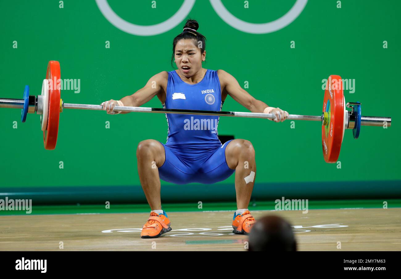 Chanu Saikhom Mirabai, of India, fails in an attempt in the women