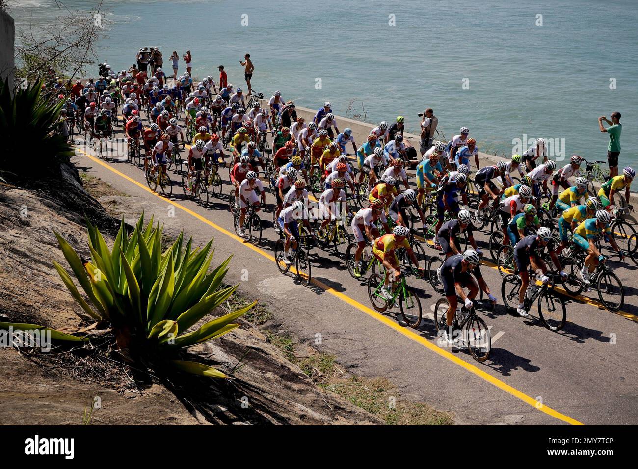 The peleton rides by Grumari beach during the men's cycling road race
