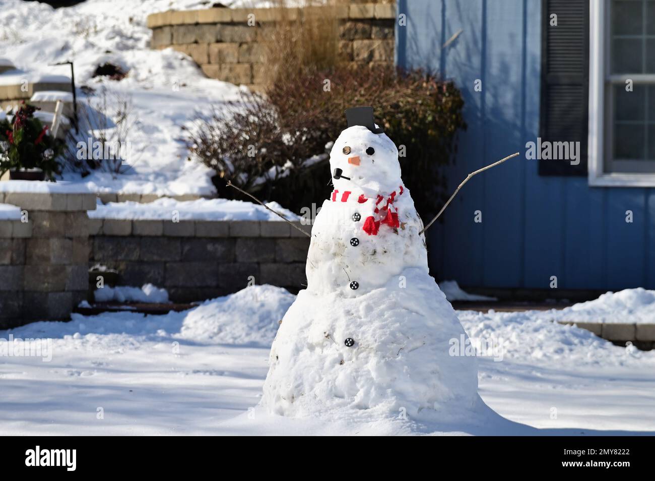 Streamwood, Illinois, USA. A large snowman sits alone in a front yard of a suburban Chicago home following a wet Midwestern United States snowstorm. Stock Photo