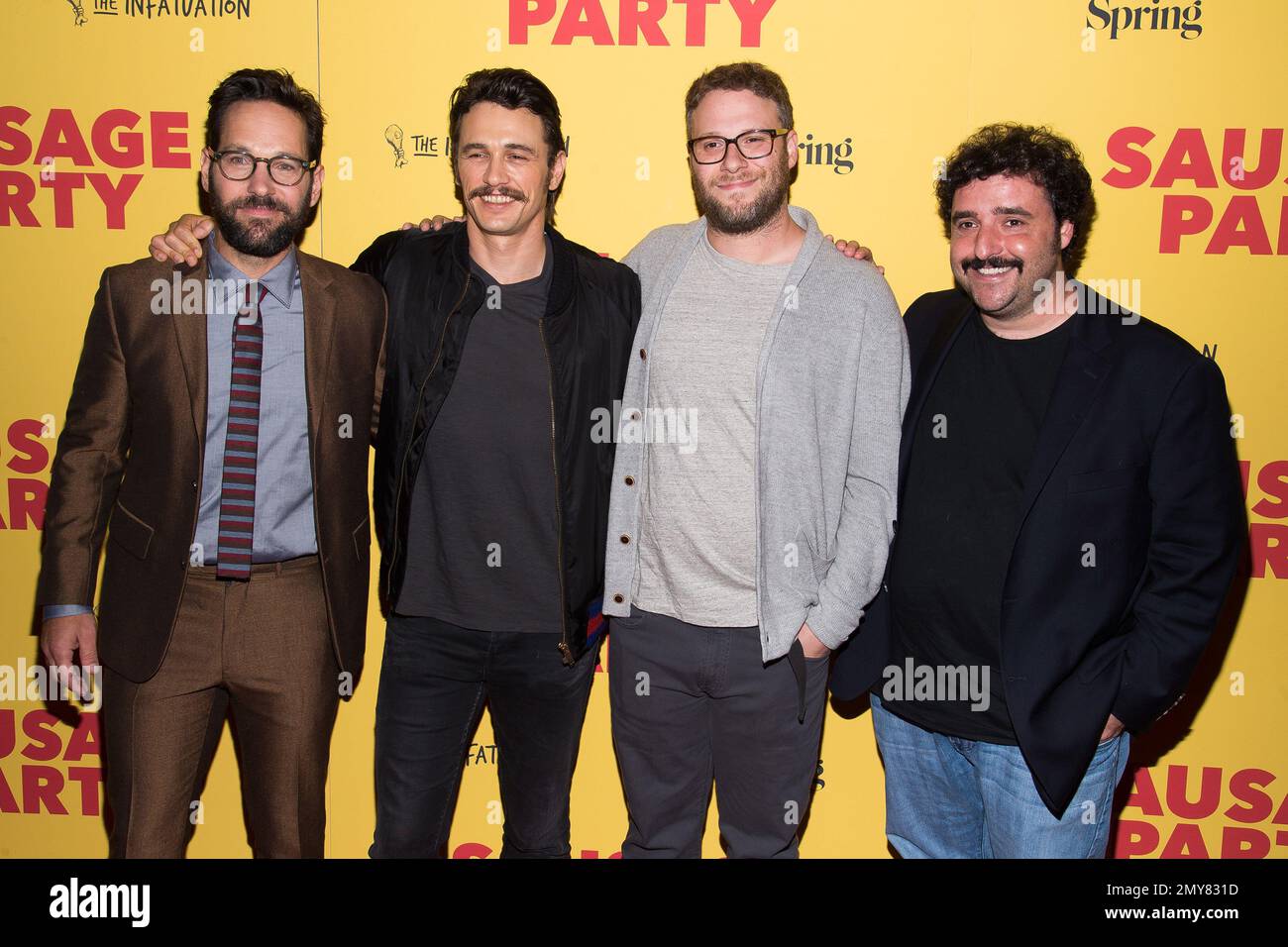 Paul Rudd, from left, James Franco, Seth Rogen and David Krumholtz attend a  screening of the animated film "Sausage Party" during a screening at the  Sunshine Landmark on Thursday, Aug. 4, 2016,