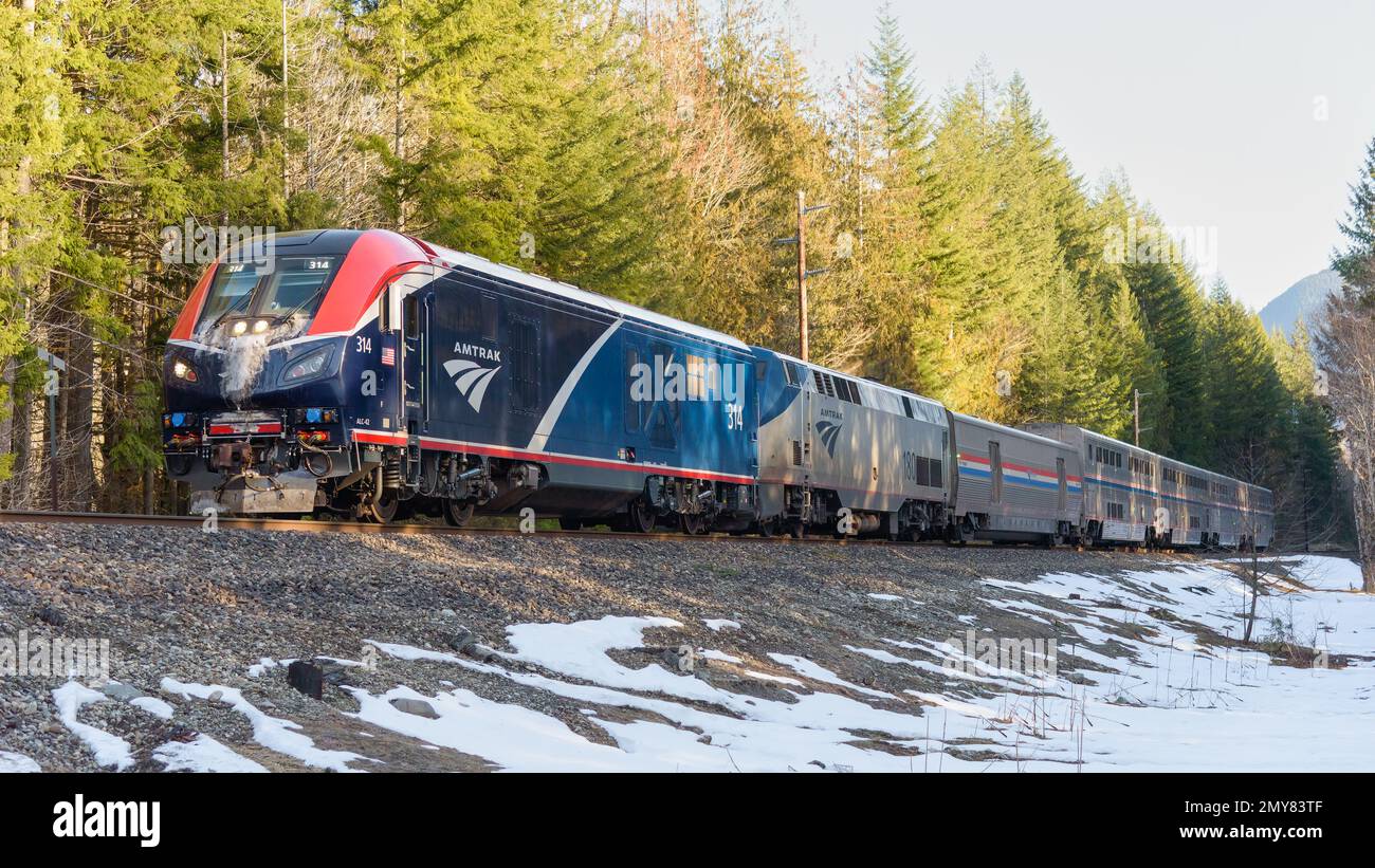Skykomish, WA, USA February 1, 2023; Amtrak Empire Builder sleeper