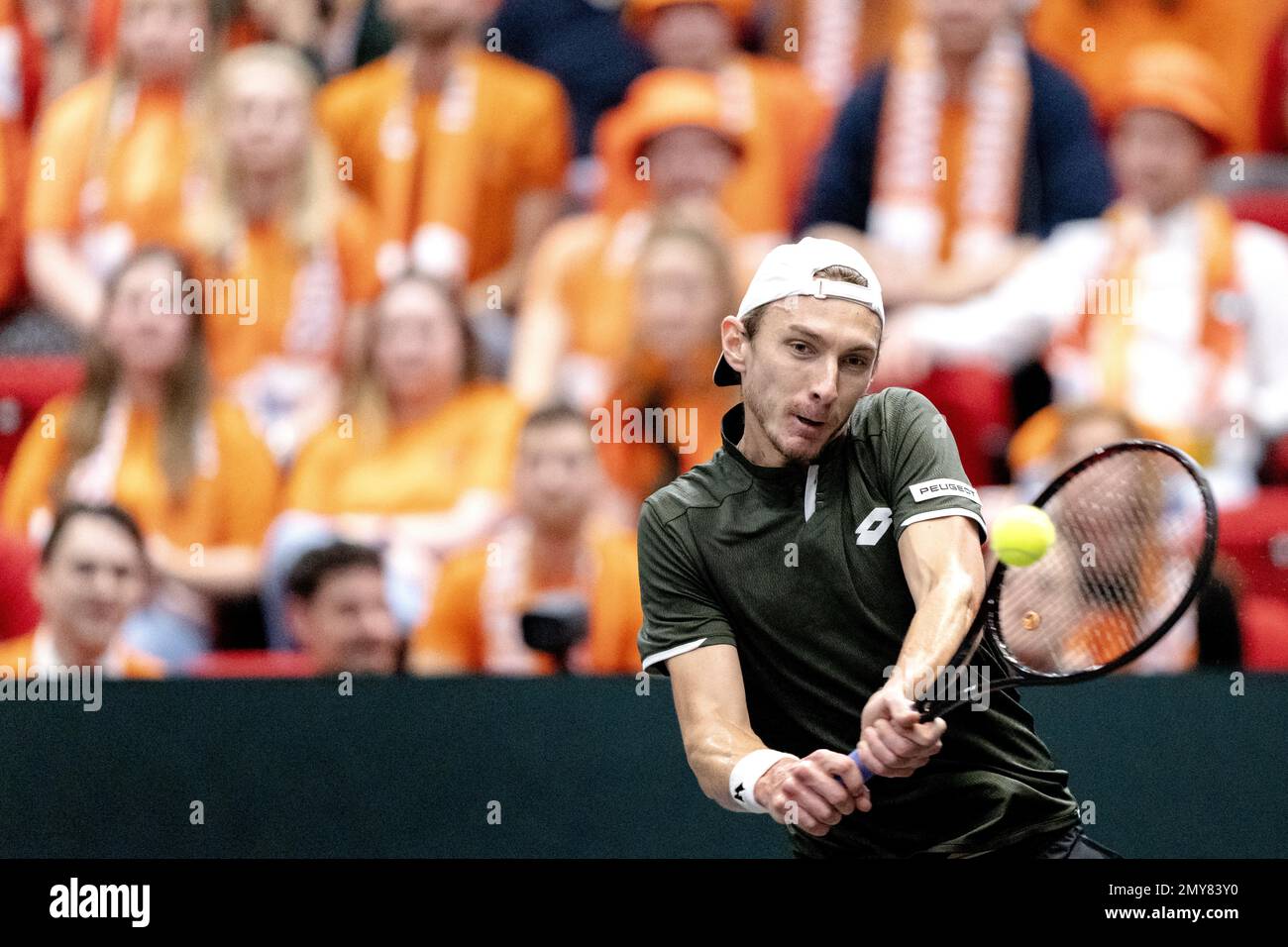 GRONINGEN - Lukas Klein (Slovakia) in action against Tallon Grepe  (Netherlands) during the qualification round for the Davis Cup Finals. The  winner will qualify for the group stage of the Davis Cup
