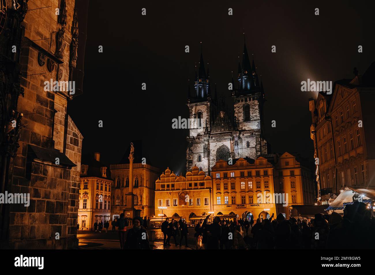 Old town square with Church of Lady before Tyn at night. Famous historical, gothic style buildings. Cityscape in european capital. Stock Photo