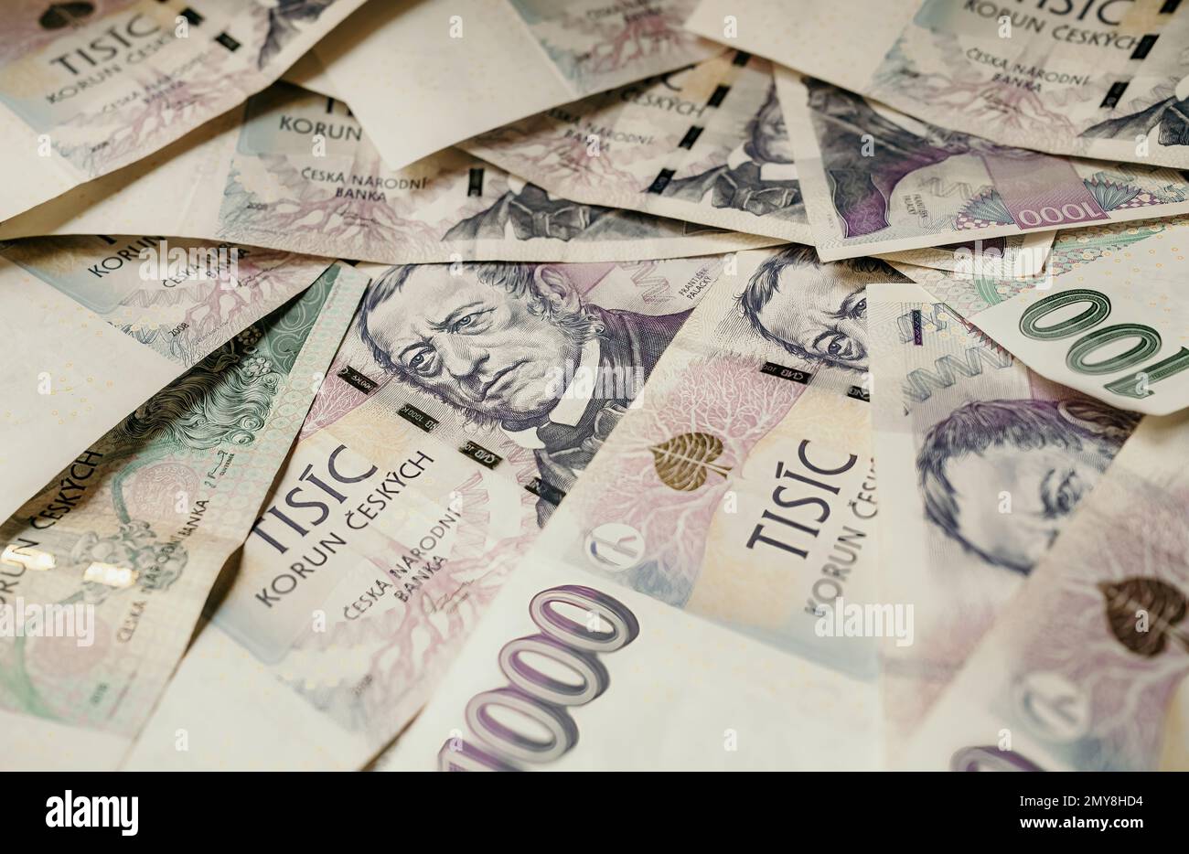 Czech cash money close-up background. Czech Crown. Ceska koruna. Bill paper new banknotes. Monetary policy. Global trade Stock Photo