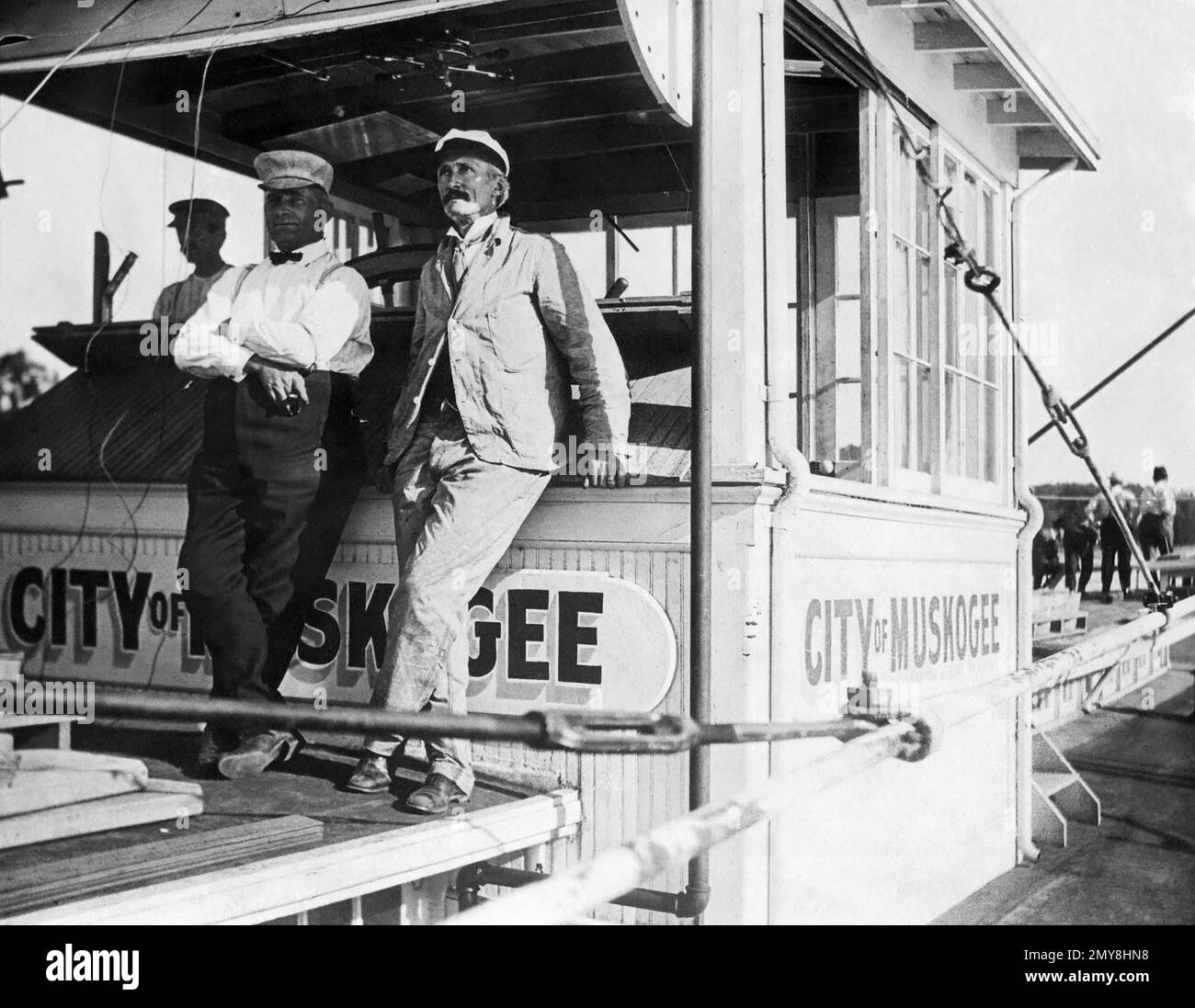 Wheel cabin of the 'City of Muskogee' steamboat on the Arkansas River, c1908. (USA) Stock Photo
