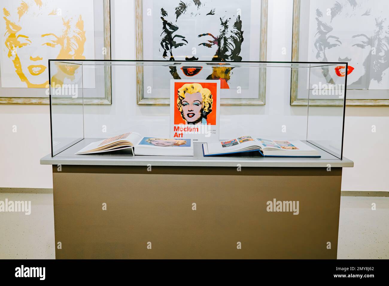 Andy Warhol exhibition in Central Gallery. Famous colorful Marilyn Monroe installation. Legend artist, painting, collection. High quality photo Stock Photo