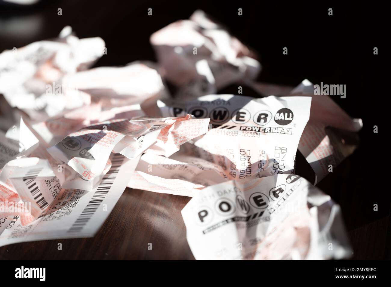 Sioux Falls, South Dakota, USA 11.2022 pile of wadded up and crumpled losing Powerball