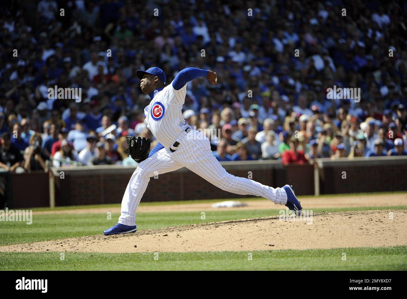 Chicago Cubs relief pitcher AROLDIS CHAPMAN pitches to Indians pinch hitter  Brandon Guyer bottom of the 9th