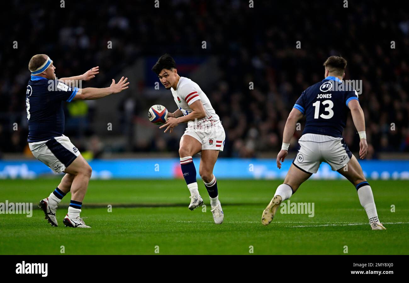 Twickenham, United Kingdom. 04th Feb, 2023. England V Scotland, Culcutta Cup, Guinness 6 Nations. Twickenham Stadium. Twickenham. Marcus Smith (England) kicks past WP Nel (Scotland, 3) and Huw Jones (Scotland) during the England V Scotland, Culcutta Cup rugby match in the Guinness 6 Nations. Credit: Sport In Pictures/Alamy Live News Stock Photo