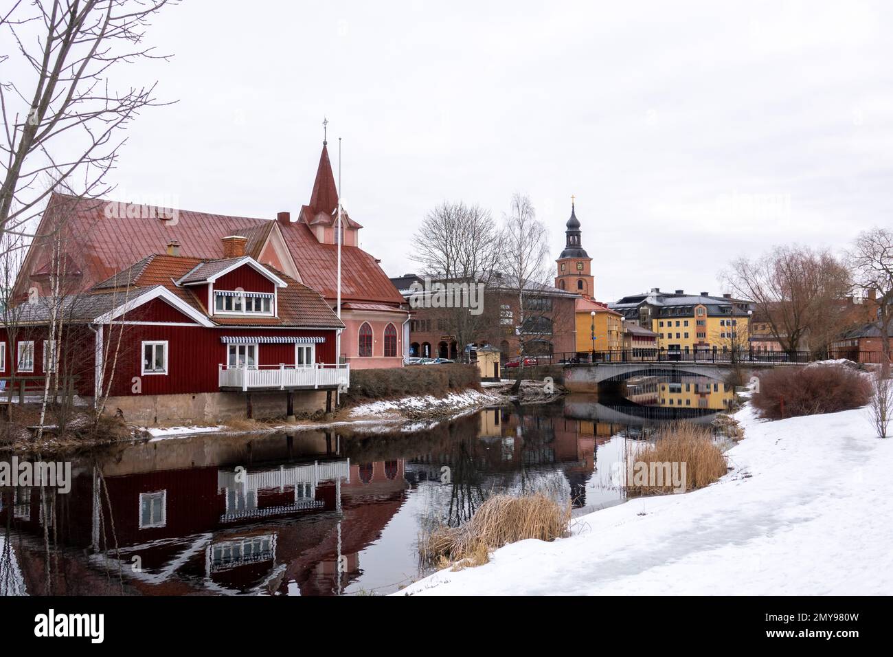 Old tow of Falun with traditional, picturesque, red wooden houses in the city of Falun in Dalarna, Sweded Stock Photo