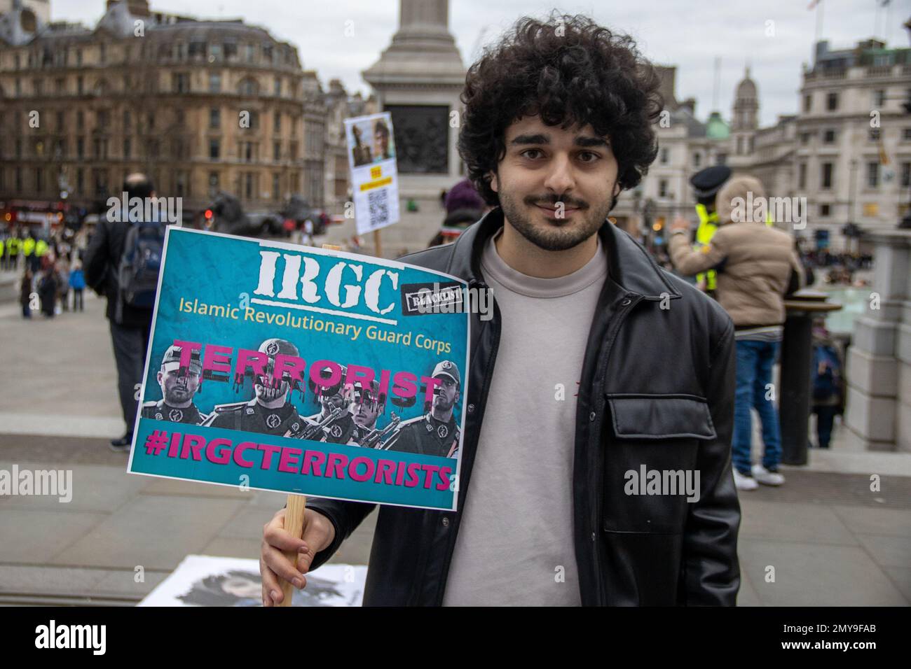 London, UK – Feb 4, 2023: About two hundred British-Iranians from different political backgrounds marched from Cavendish Square to Trafalgar Square, asking the UK government to put the Islamic Revolutionary Guard Corps of Iran on its terrorist list.  Credit: Sinai Noor/Alamy Live News Stock Photo