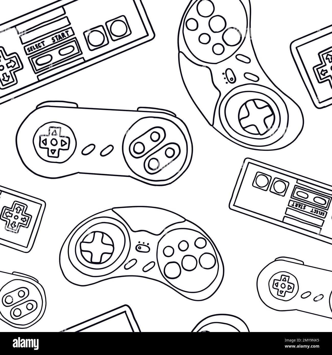 Seamless pattern of game controllers. Vector illustration in handdrawn