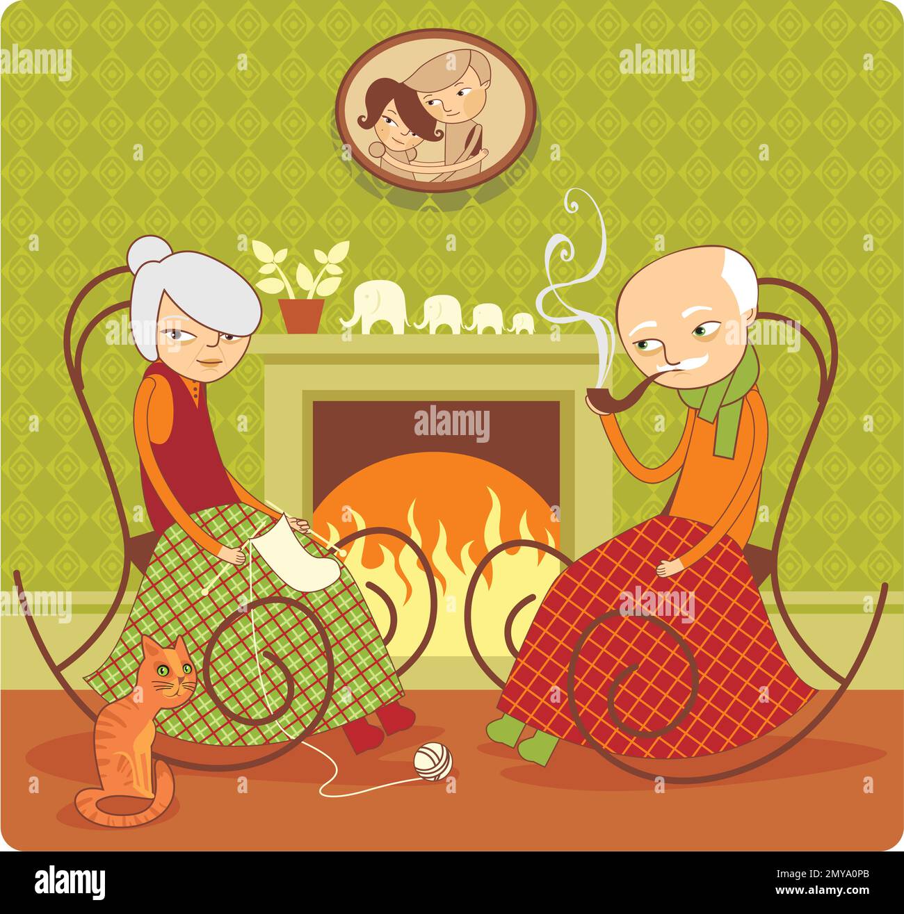 Elderly couple sitting near the fireplace. Granny knitting the socks, Grandad smokes his pipe. Flat vector cartoon characters Stock Vector