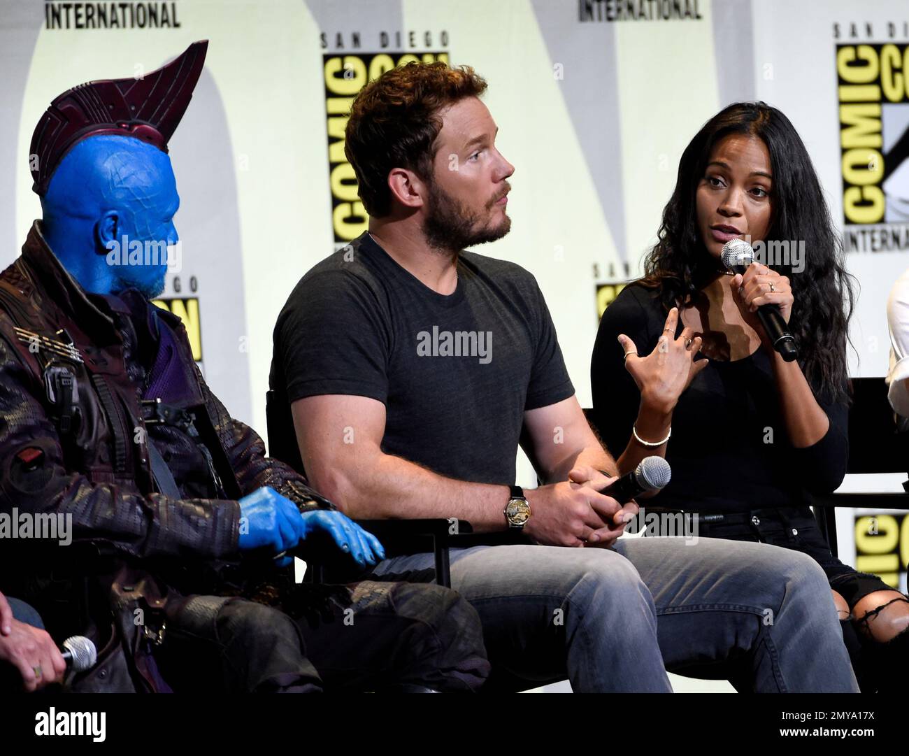 Michael Rooker, from left, Chris Pratt and Zoe Saldana attend the ...