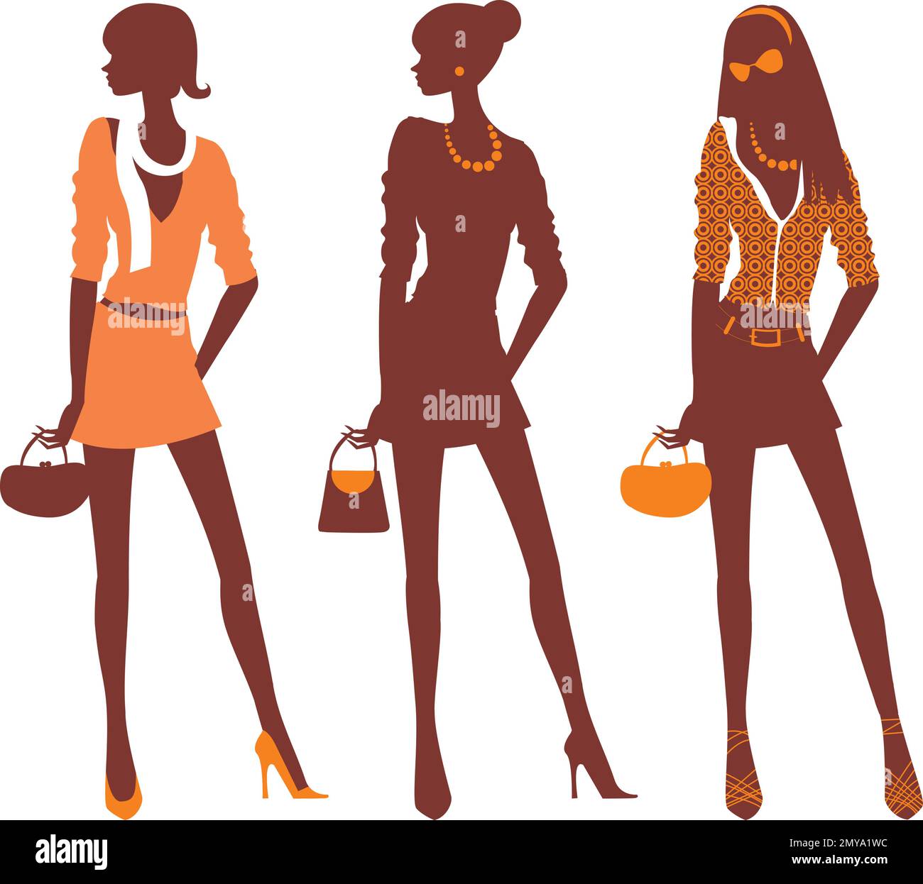 Three Fashionable girls. Retro style female silhouettes. Flat vector illustration Stock Vector