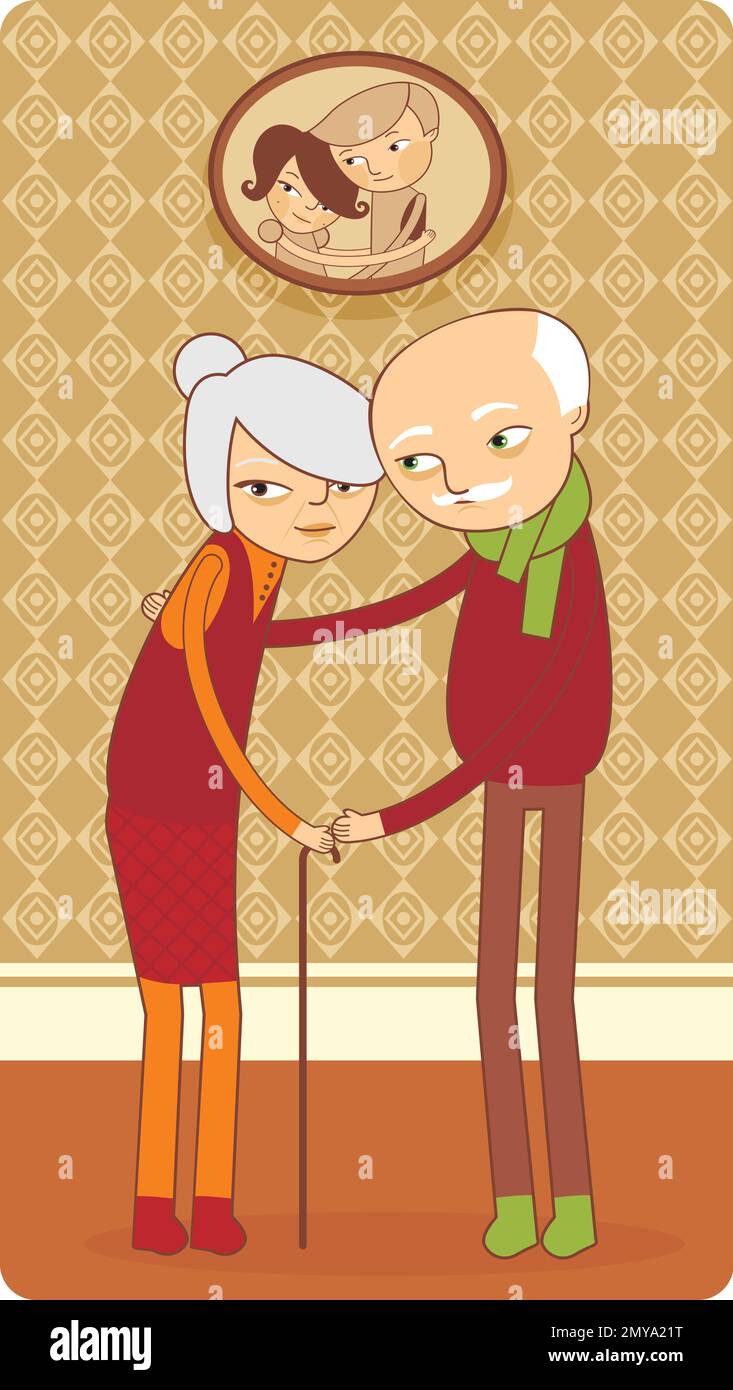 Elderly couple posing under their pld family photo on the wall. Flat vector illustration Stock Vector