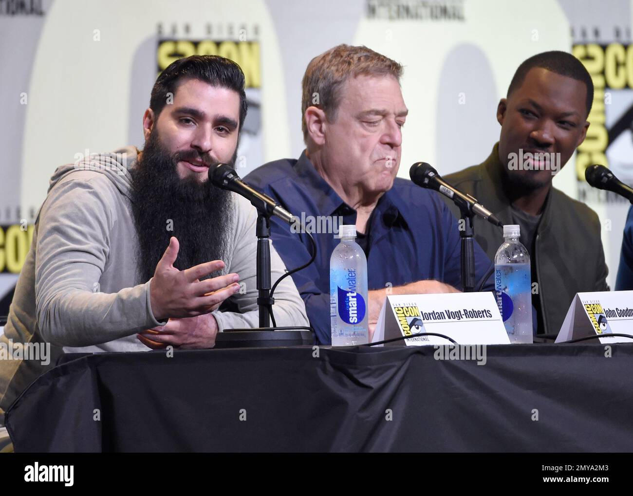 Director Jordan Vogt-Roberts, from left, and actors John Goodman, and Corey Hawkins attend the "Kong: Skull Island" panel on day 3 of Comic-Con International on Saturday, July 23, 2016, in San Diego. (Photo by Chris Pizzello/Invision/AP)