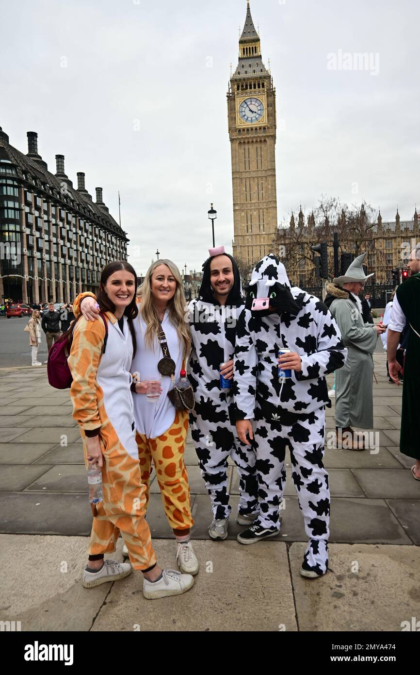 Parliament square, London, UK,  4 February 2023: The Waitangi Festival celebrates the signing of an agreement between the Maori and the British to rule New Zealand together. Hundreds of New Zealanders wearing fancy dress, drinking and partying. Credit: See Li/Picture Capital/Alamy Live News Stock Photo