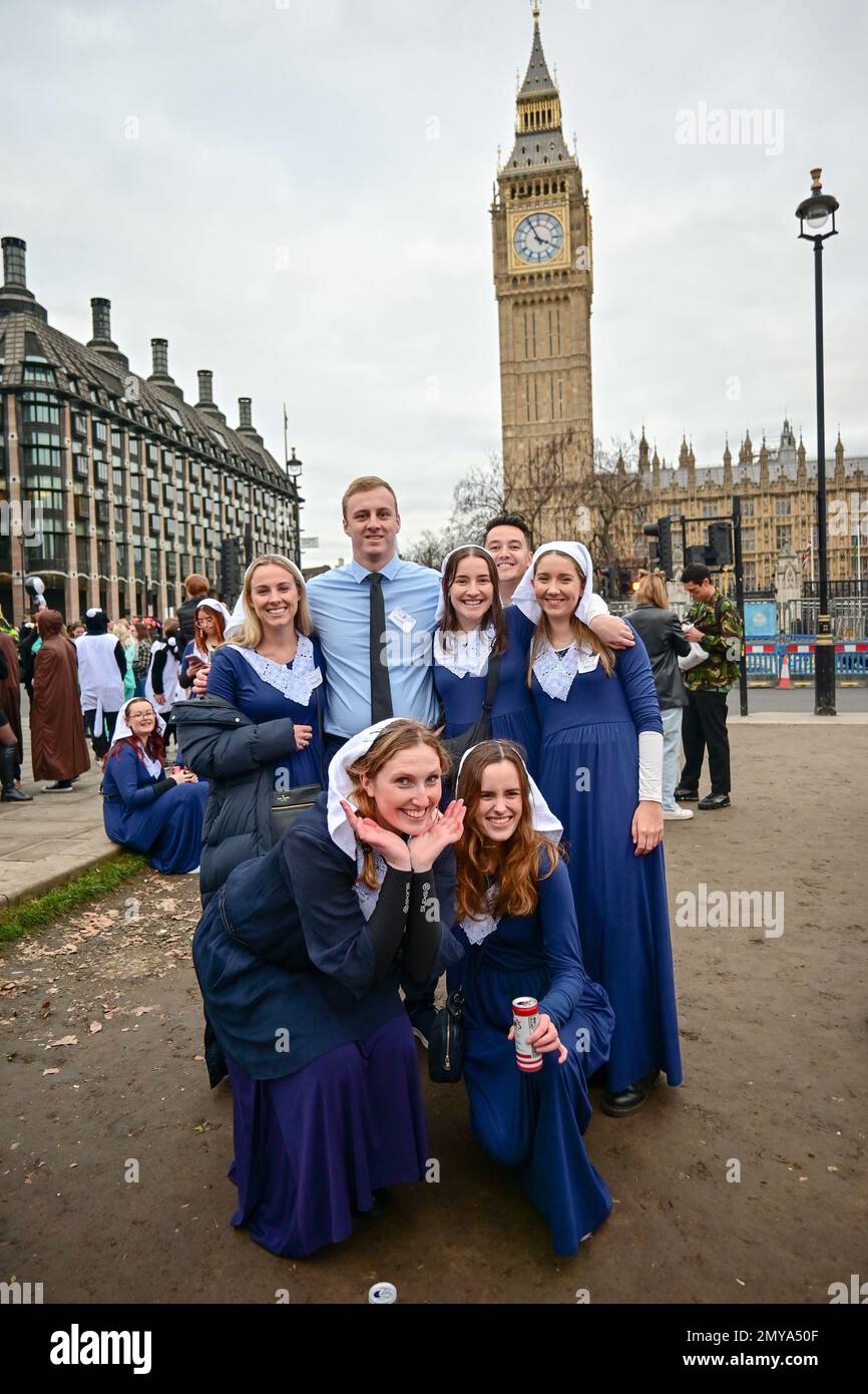 Parliament square, London, UK,  4 February 2023: The Waitangi Festival celebrates the signing of an agreement between the Maori and the British to rule New Zealand together. Hundreds of New Zealanders wearing fancy dress, drinking and partying. Credit: See Li/Picture Capital/Alamy Live News Stock Photo