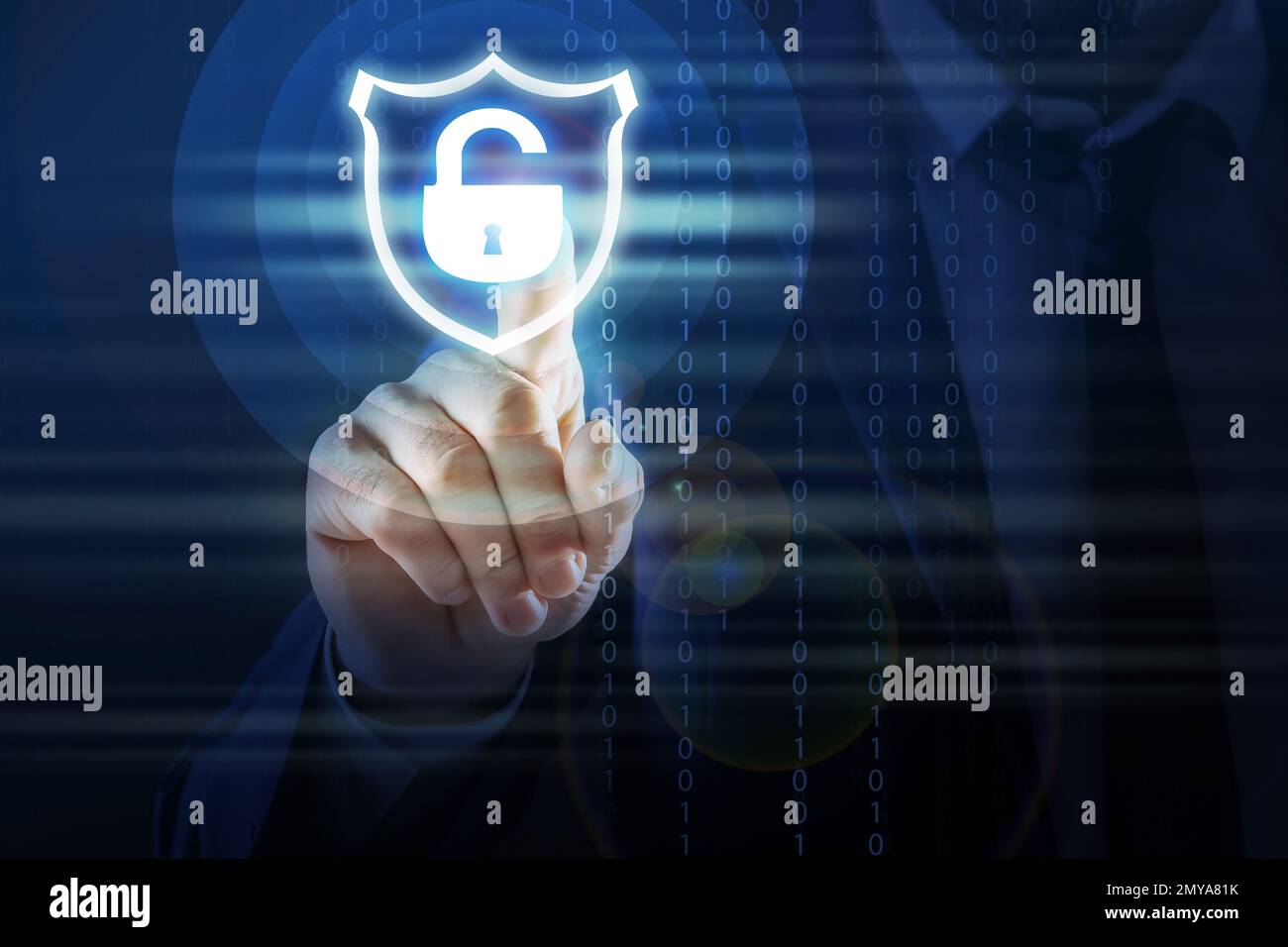 Cyber security concept. Man using virtual screen with padlock ...