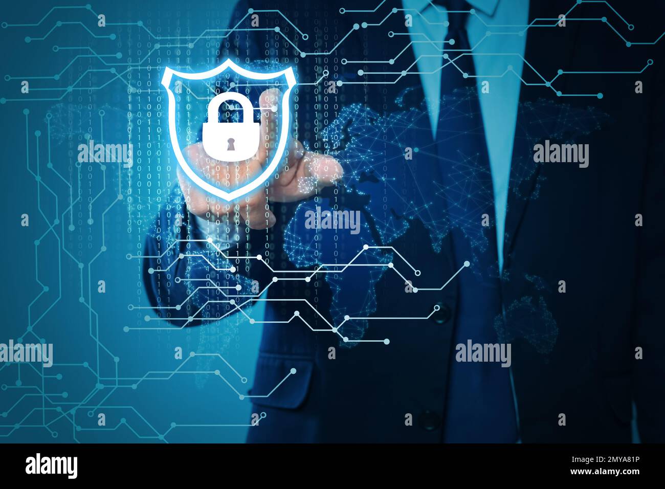 Cyber security concept. Man using virtual screen with padlock ...