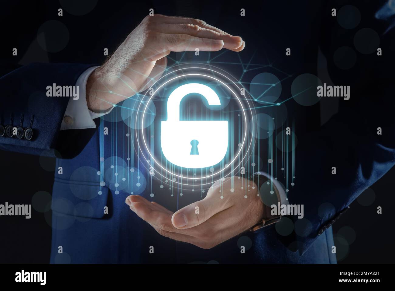 Cyber security concept. Man demonstrating padlock illustration, closeup Stock Photo