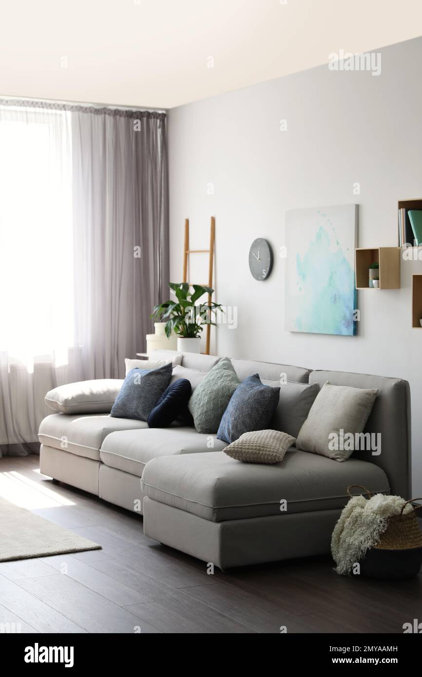 Elegant living room with comfortable sofa near window. Interior design