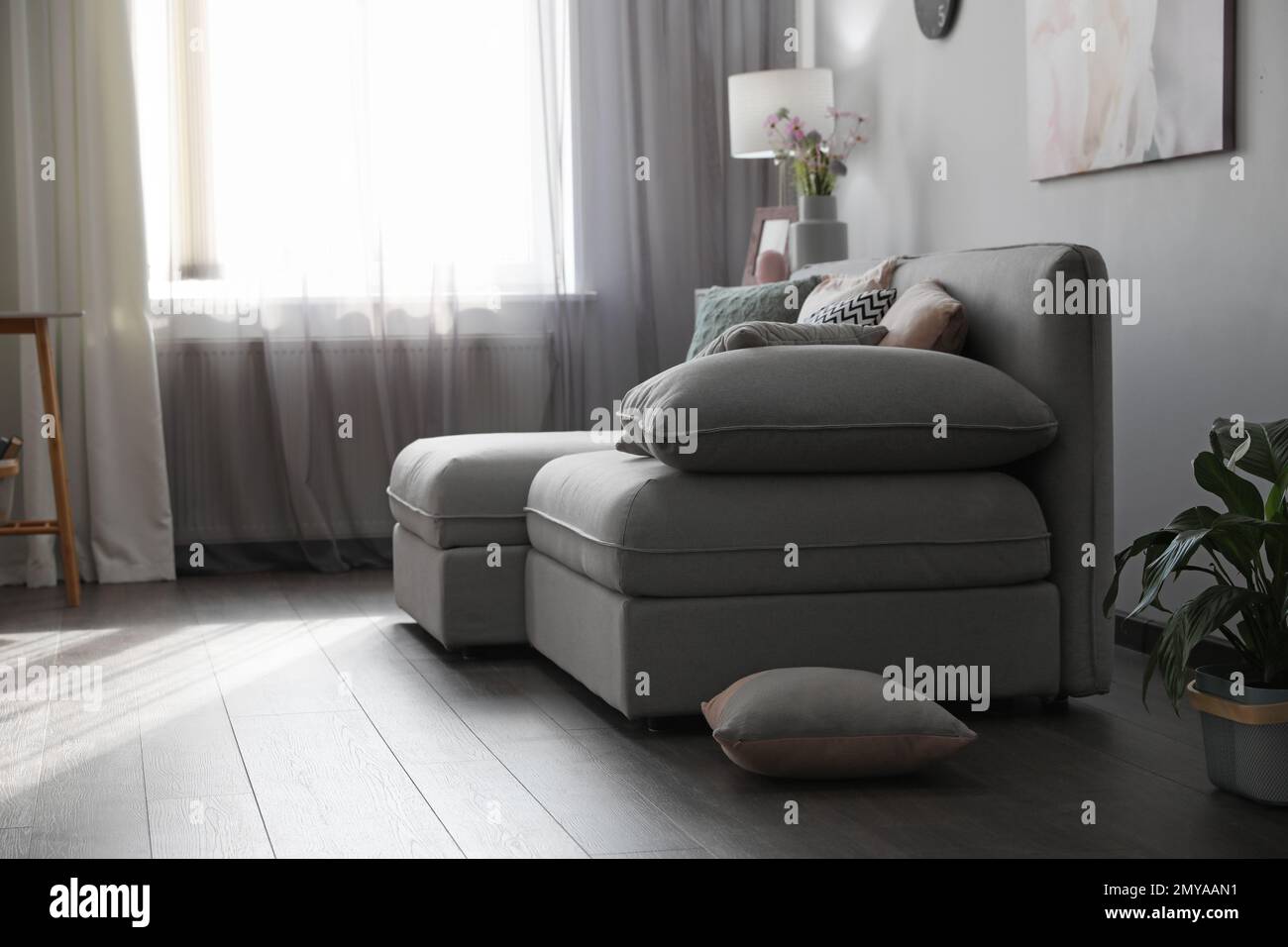 Elegant living room with comfortable sofa near window. Interior design