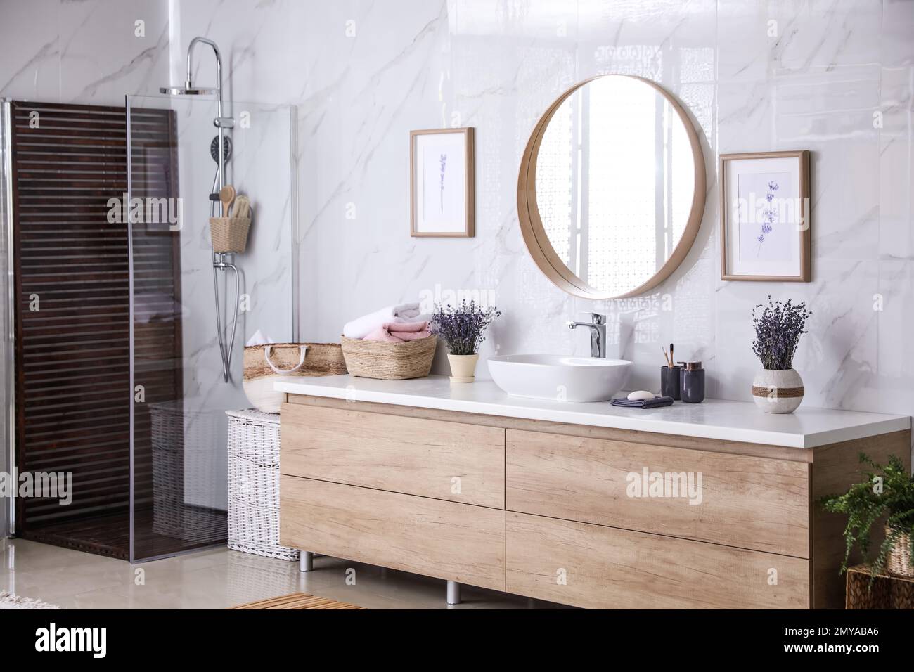 Bathroom interior with shower stall and counter. Idea for design Stock ...
