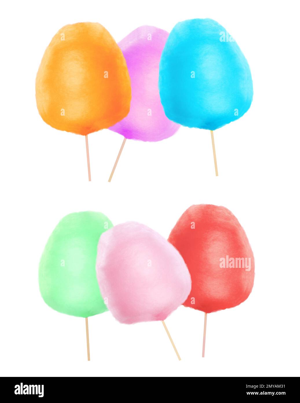 Collage with sweet cotton candy on white background Stock Photo