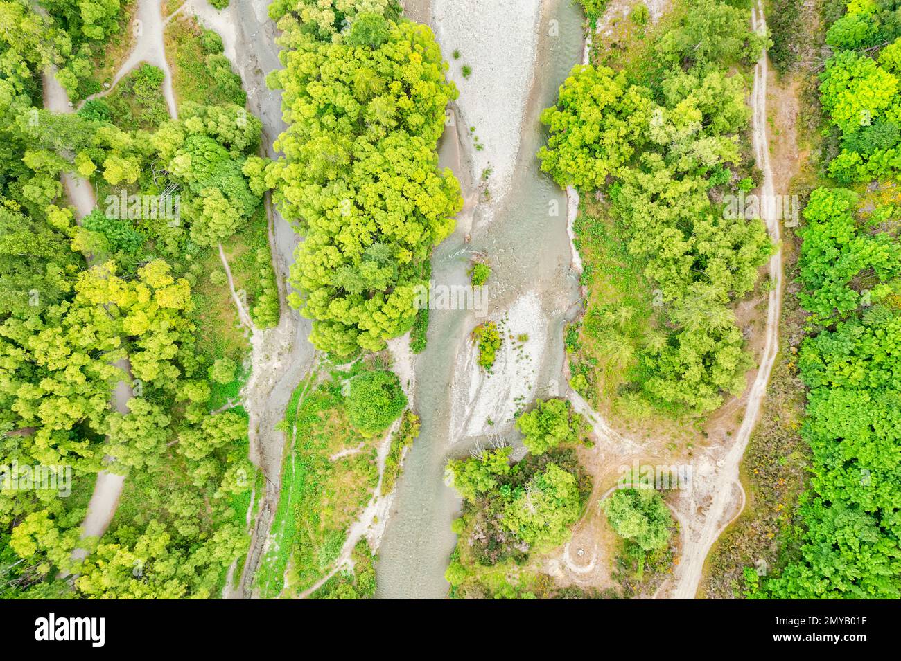 Arrow river in mountain valley of New Zealand near historic Arrowtown - nature landscape. Stock Photo