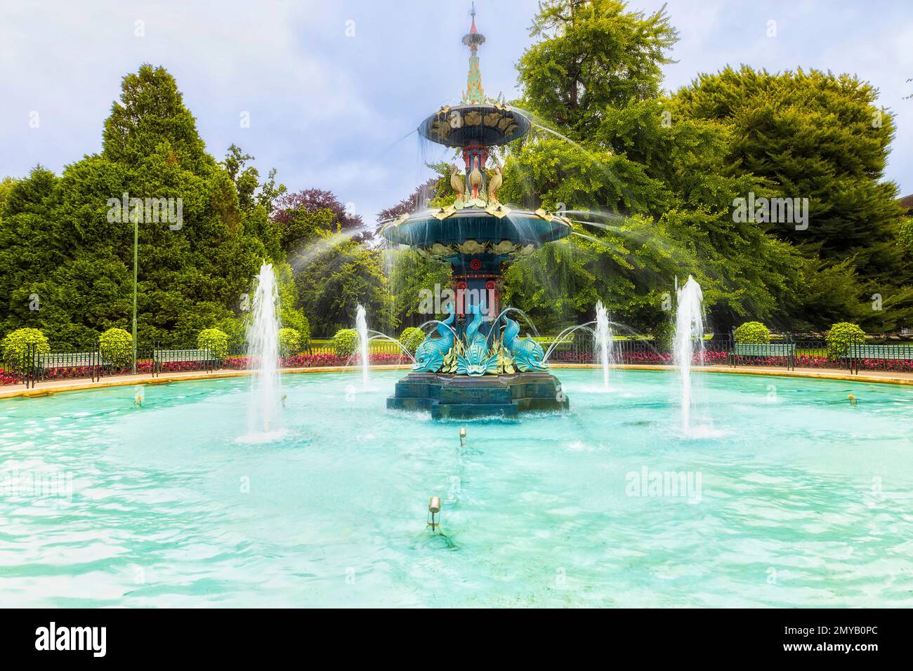 Spectacular streaming water fountain in public park of Christchurch city of New Zealand Stock