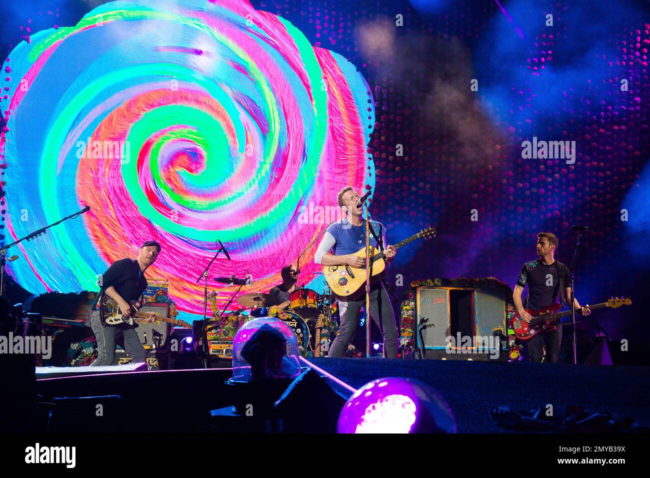 Will Champion of Coldplay, performs during the band's Music of the Spheres  world tour on Thursday, May 12, 2022, at State Farm Stadium in Glendale,  Ariz. (Photo by Rick Scuteri/Invision/AP Stock Photo 