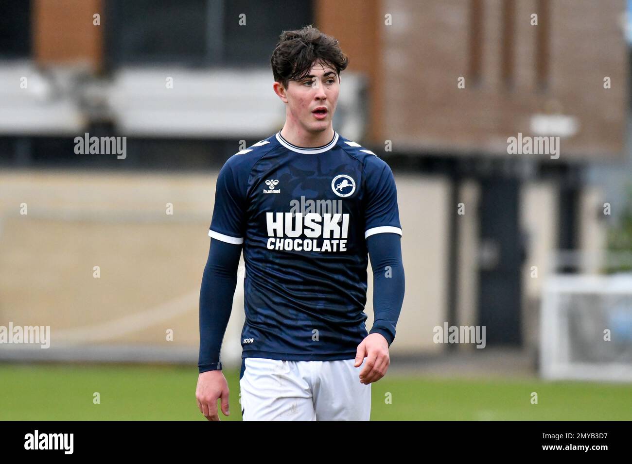 Swansea, Wales. 4 February 2023. Oliver Evans of Millwall under pressure  from Zane Myers of Swansea City during the Professional Development League  game between Swansea City Under 18 and Millwall Under 18