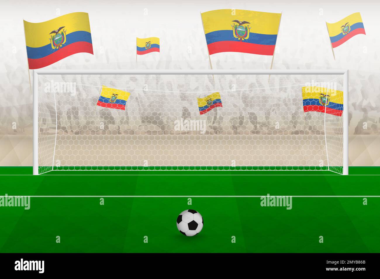 Ecuador football team fans with flags of Ecuador cheering on stadium, penalty kick concept in a soccer match. Sports vector illustration. Stock Vector