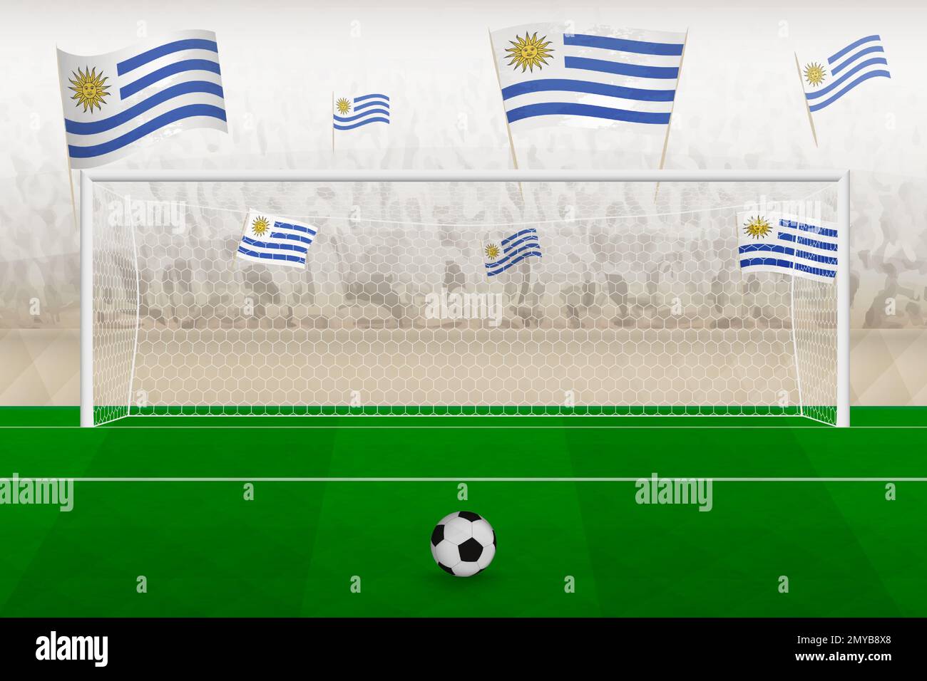 Uruguay football team fans with flags of Uruguay cheering on stadium