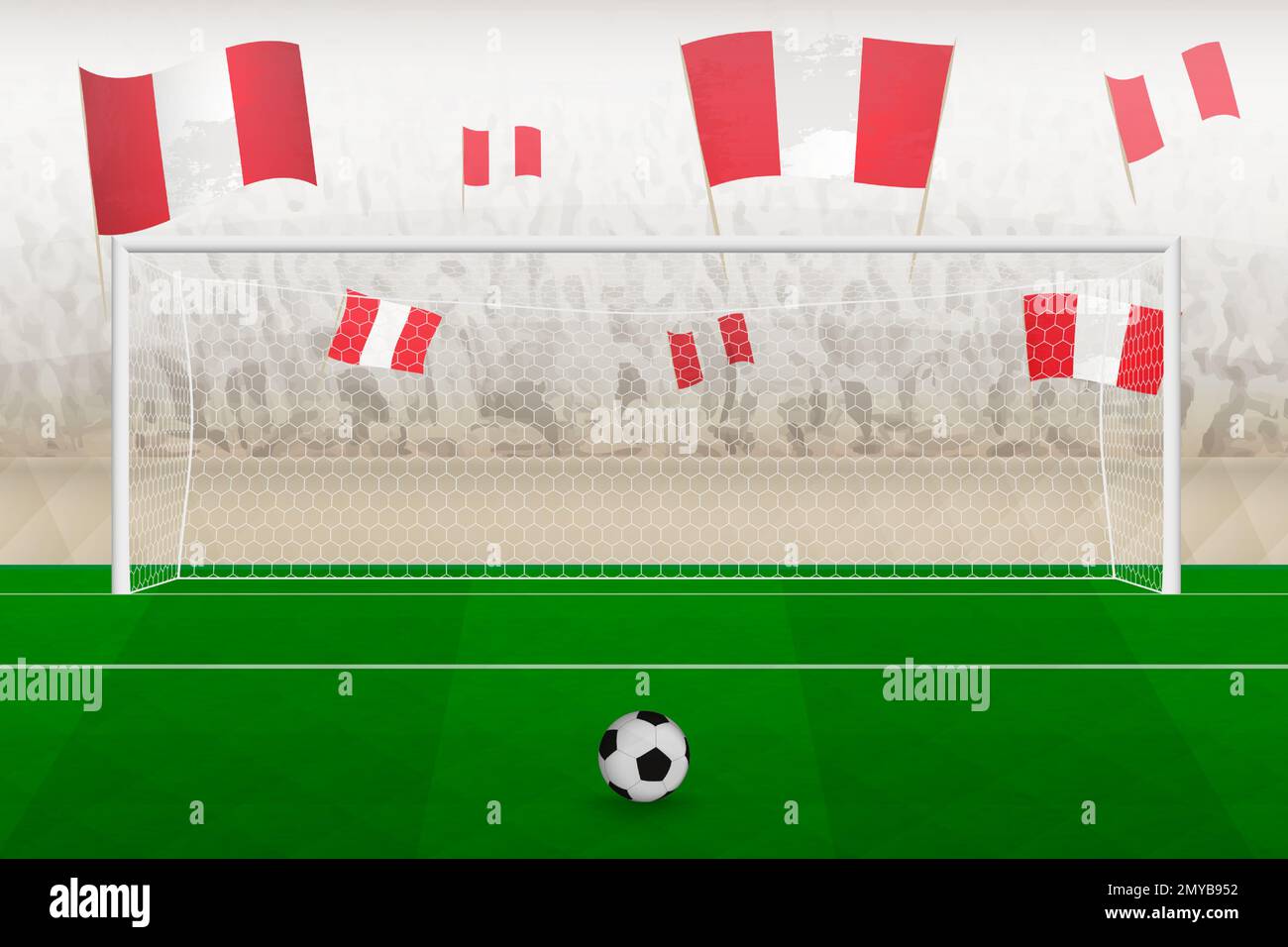 Peru football team fans with flags of Peru cheering on stadium, penalty