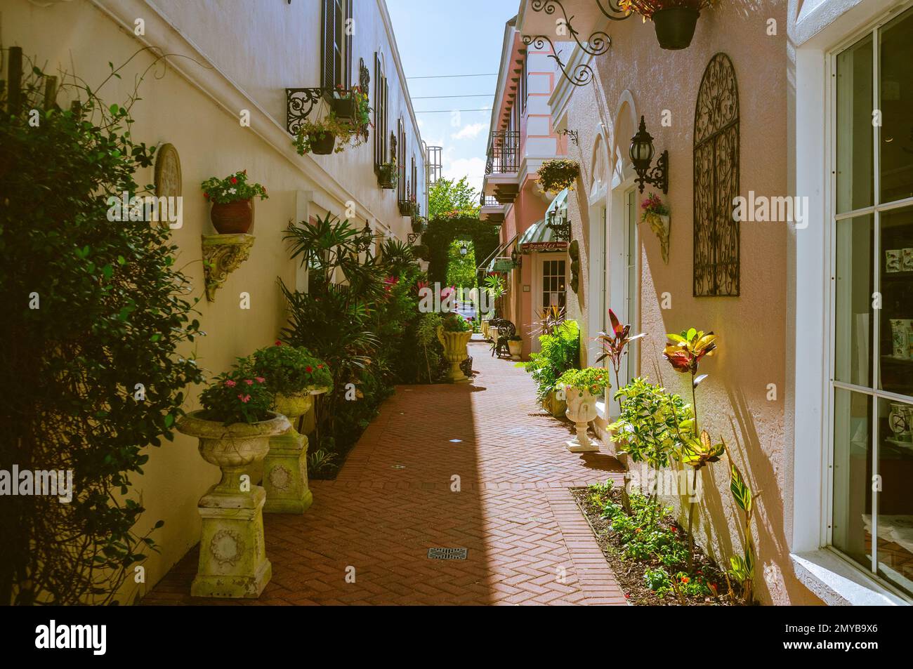 A beautiful view of a narrow path decorated with plants in stone plinths, between buildings Stock Photo