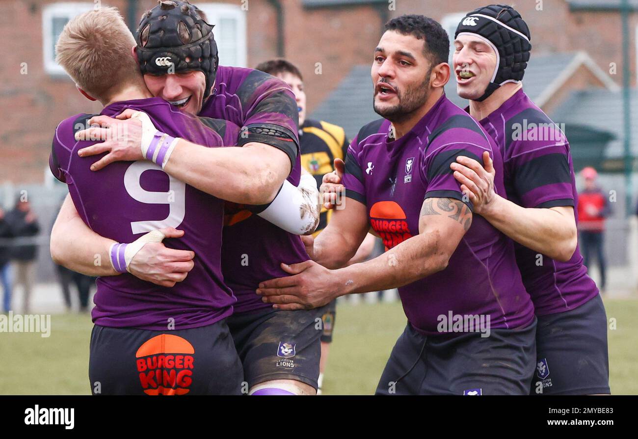 4.02.2022   Leicester, England. Rugby Union.                   Lions James Stubbs is congratulated by captain Ollie Tapscott after scoreing a try in the 14th minute of the National League 2 West match played between Leicester Lions and Hinckley rfc at Westleigh Park, Blaby, Leicester.  © Phil Hutchinson Stock Photo