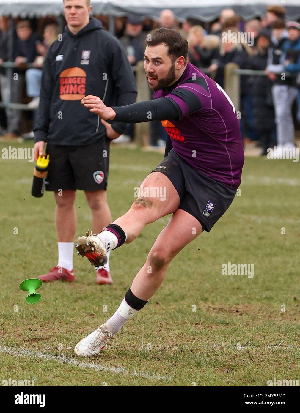 4.02.2022   Leicester, England. Rugby Union.                    Lions Ben Young kicks a conversion in the 37th minute of the National League 2 West match played between Leicester Lions and Hinckley rfc at Westleigh Park, Blaby, Leicester.  © Phil Hutchinson Stock Photo