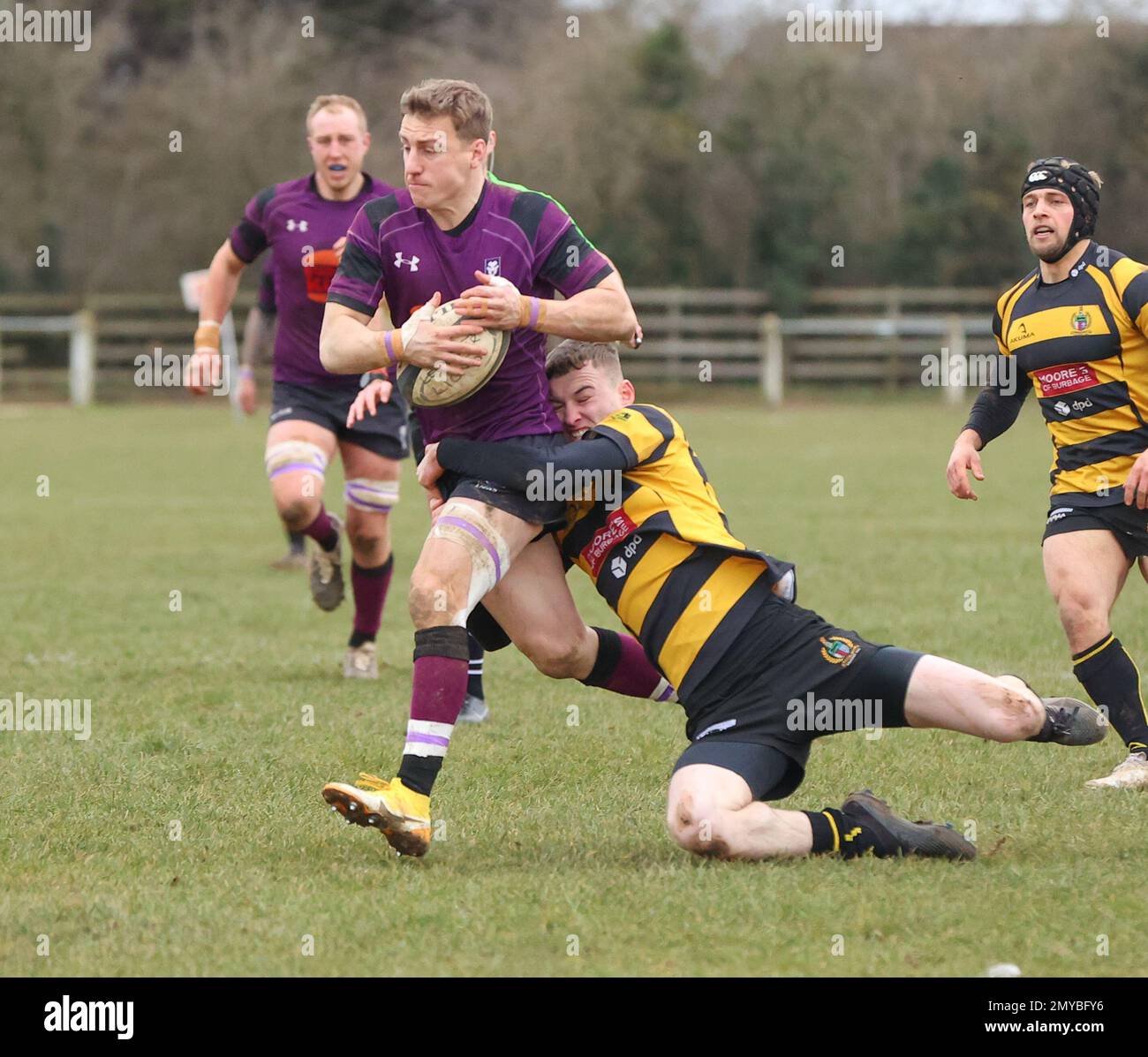 4.02.2022   Leicester, England. Rugby Union.                   Lions Alex Wilcockson shows determination in his break during the National League 2 West match played between Leicester Lions and Hinckley rfc at Westleigh Park, Blaby, Leicester.  © Phil Hutchinson Stock Photo