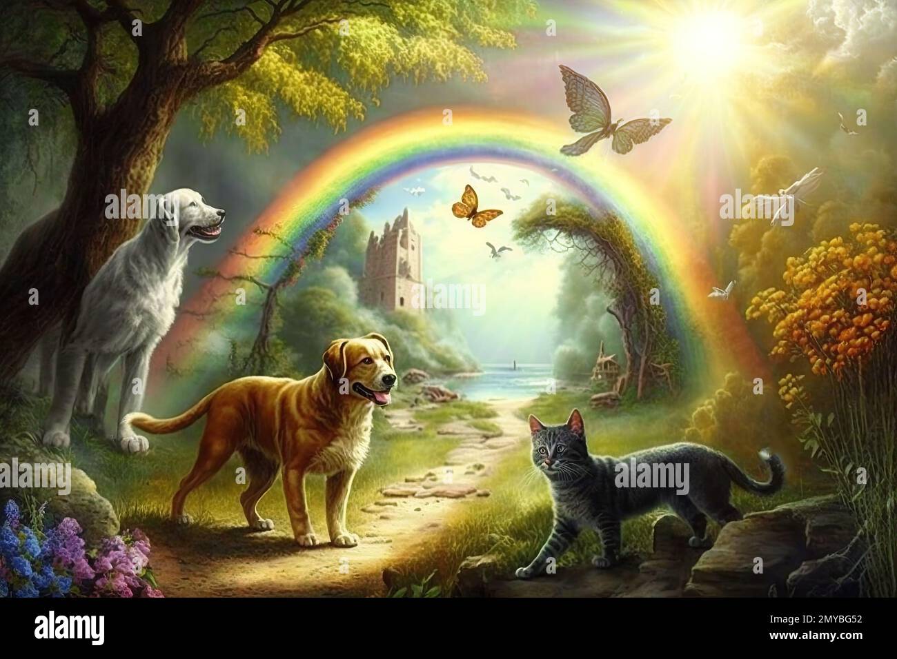 An idyllic pet paradise, teeming with playmates and filled with rainbow-hued bridges, ethereal clouds, and cheerful sunshine. Dogs and cats are Stock Photo