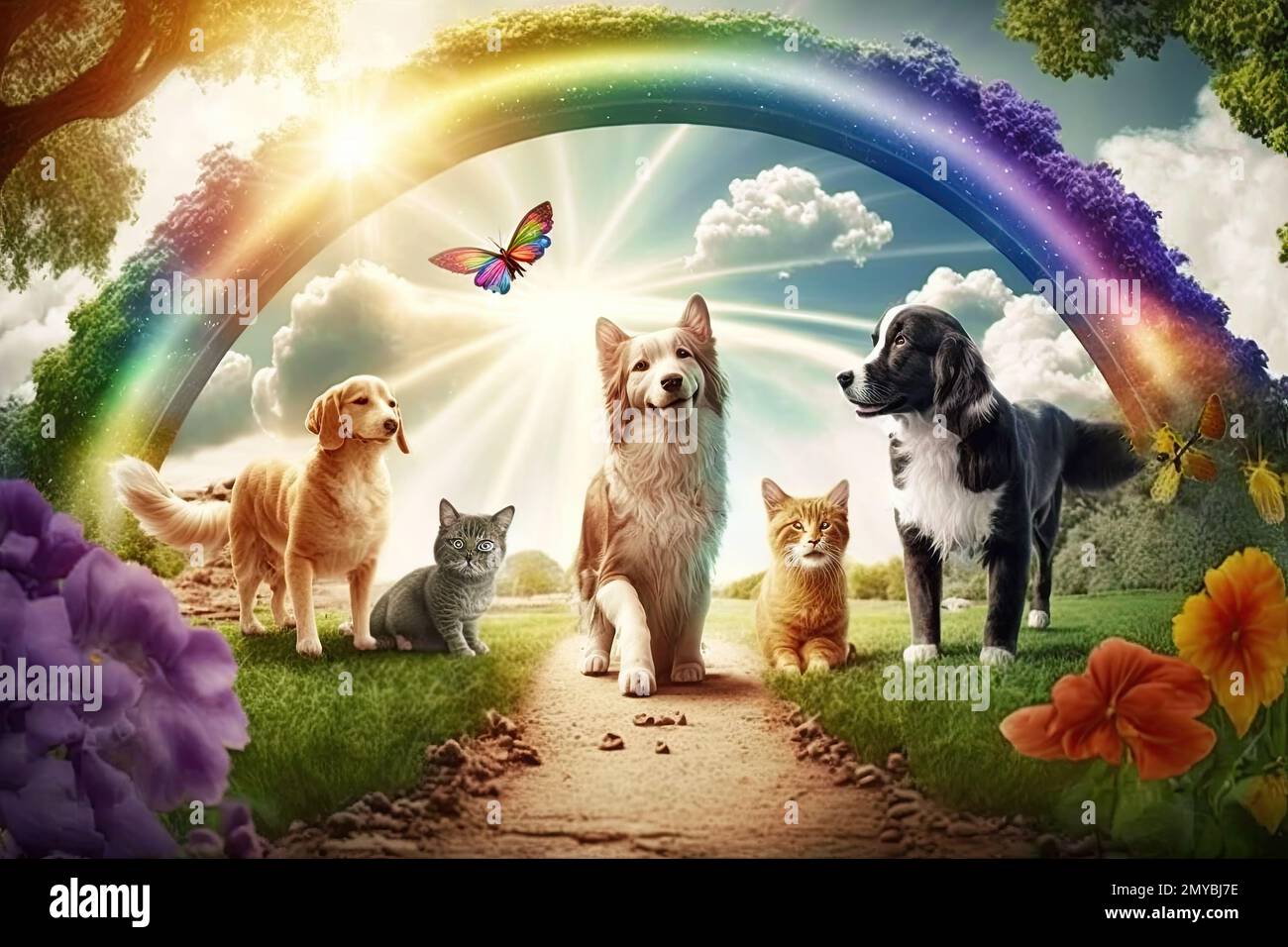 A fantasy paradise for dogs and cats where pets run and play in a beautiful  Eden garden populated by ethereal clouds, rainbow bridges, and heavenly  Stock Photo - Alamy