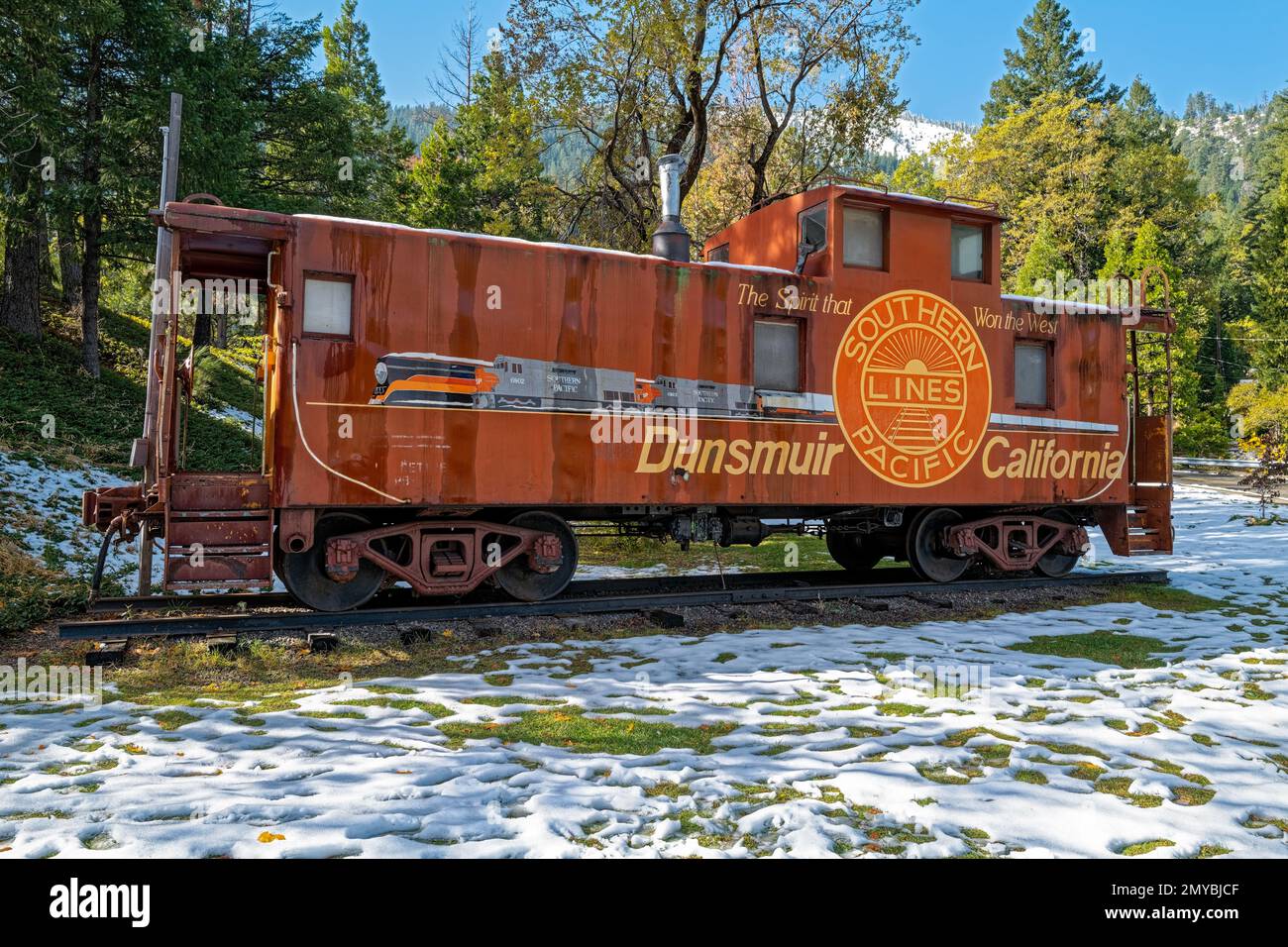 Historic caboose on display at the City Park in Dunsmuir, California, USA Stock Photo