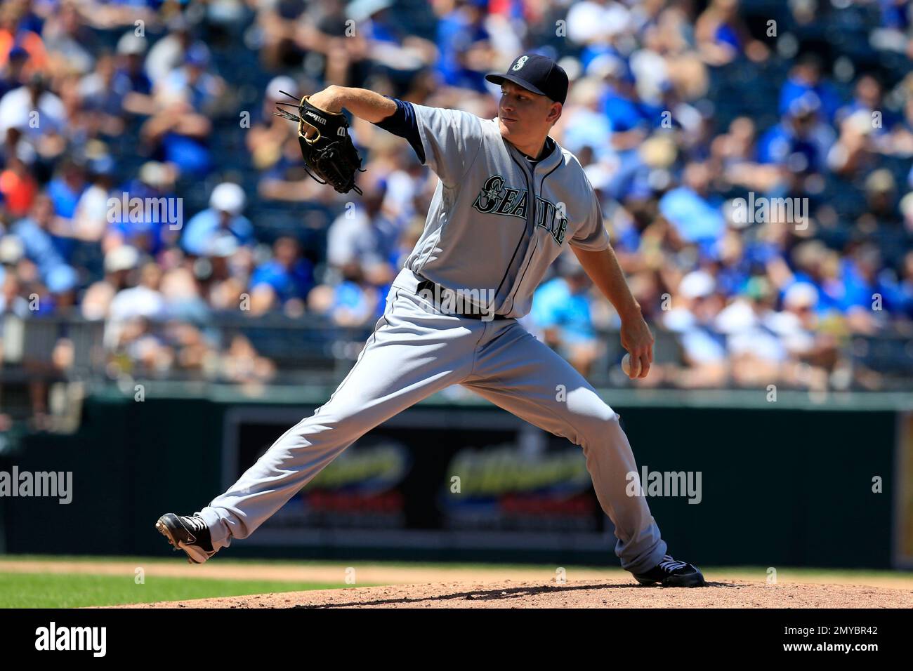 Kansas City Royals' Mike Montgomery pitches to a Detroit Tigers batter  during the second inning of a baseball game Saturday, Aug. 10, 2019, in  Detroit. The Tigers and Royals are wearing uniforms