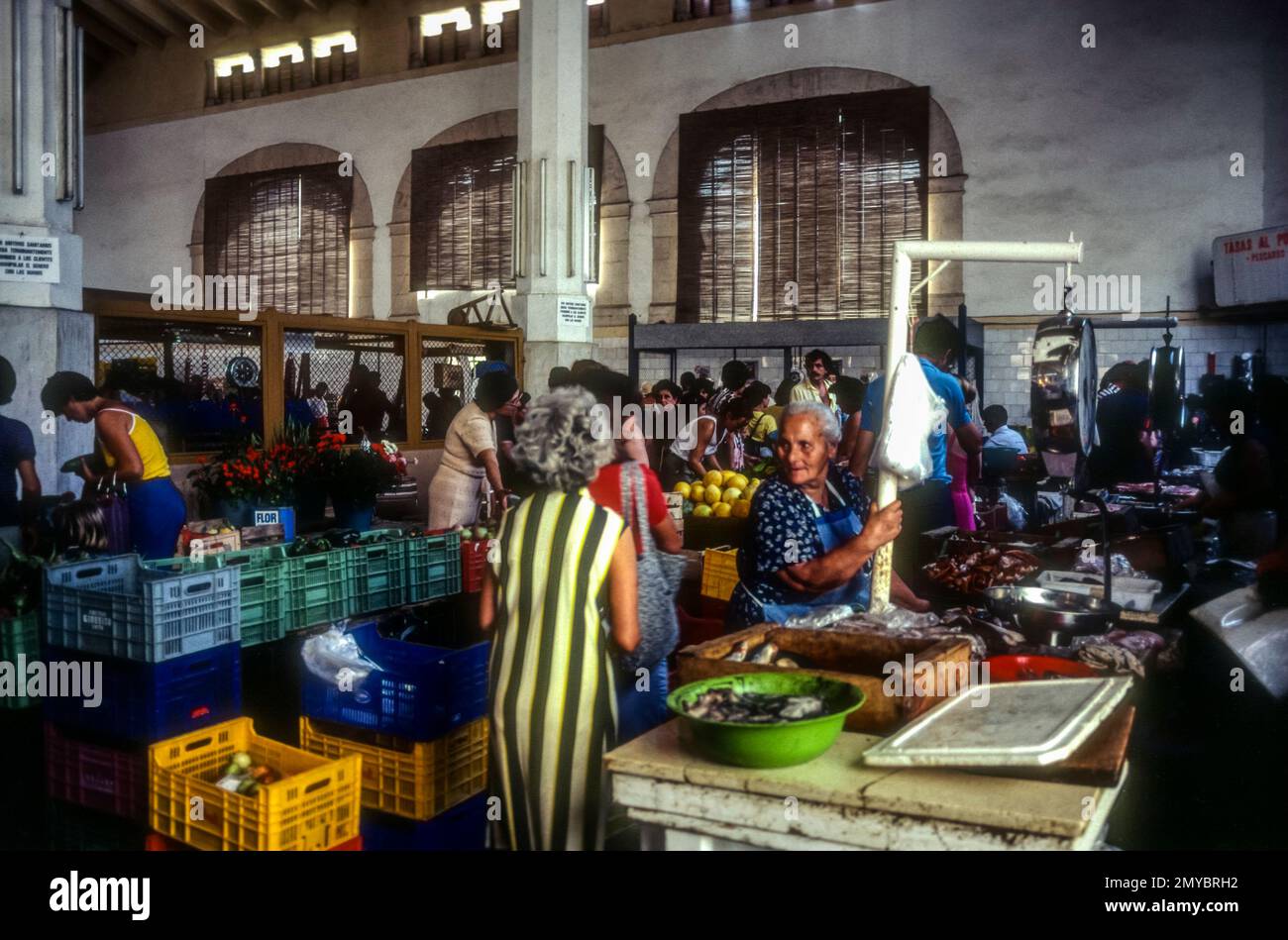 1981 archive image of market in market hall at Felanitx, Majorca, Spain. Stock Photo